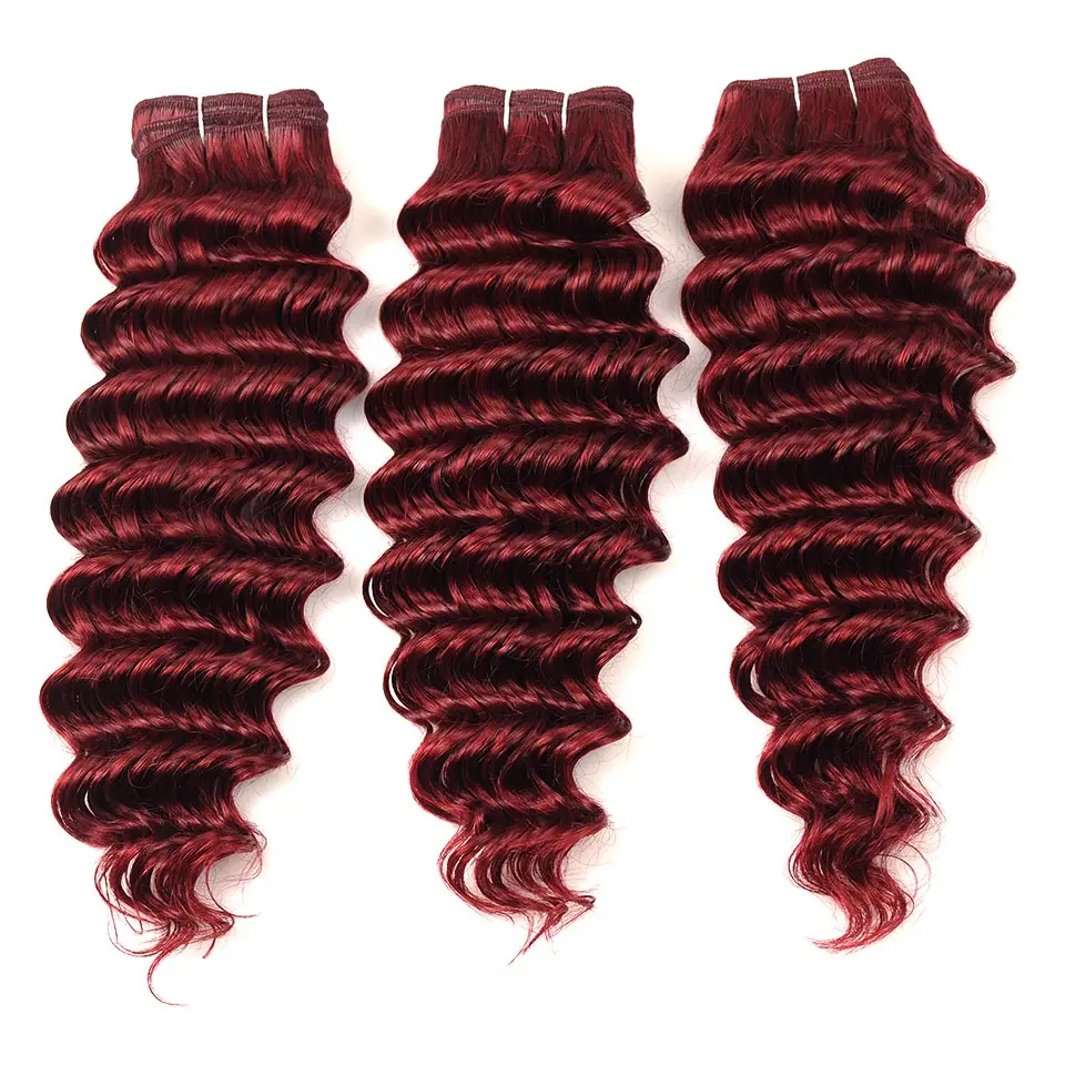 Pinshair Pre-Colored Red Human Hair With Closure 99J Brazilian Deep Wave 3 Bundle With Lace Closure Burgundy Thick Hair Non Remy (19)