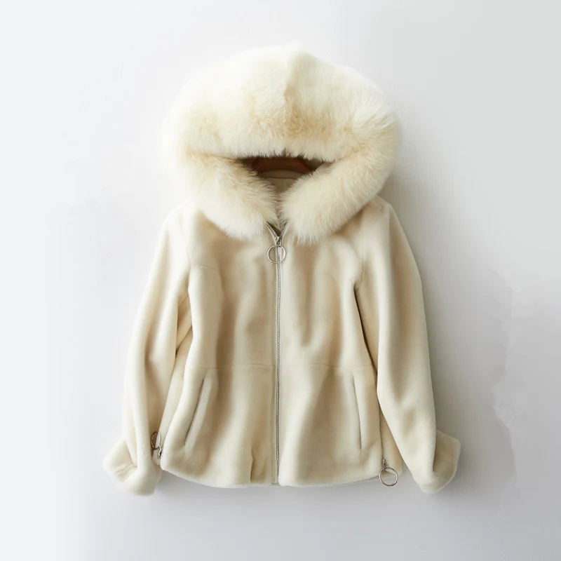 Gours Genuine Shearling Jackets Women Natural Wool Real Fur Overcoats with Fox Fur Hooded Thick Warm In Winter New Arrival 1018