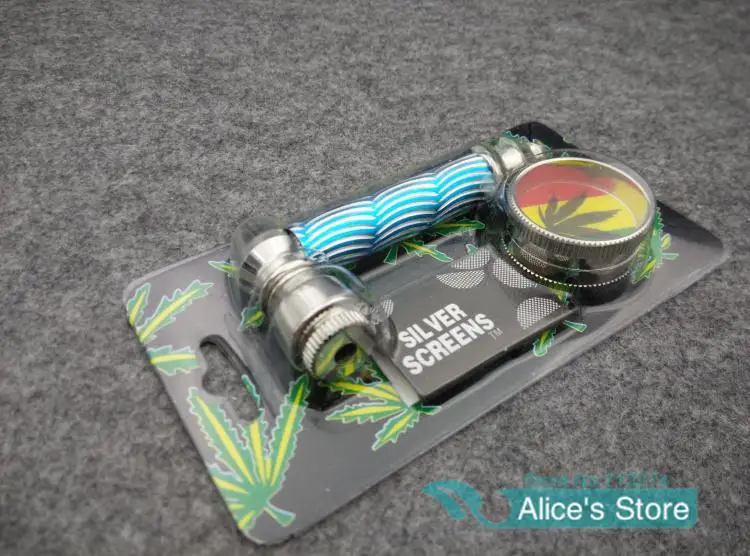 

New 1set Fashion Metal Smoking Pipes With Lid + Mini Grinder+5 Screens+retail Package Smoke Smoking Pipe 4colors H019