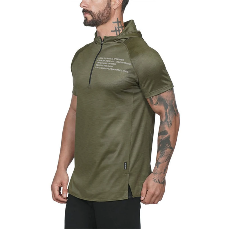 2019 Men Running Hoodies Sweatshirt Sportswear Zipper Neck Gym Hoodies Sport Short Sleeve Men's Sli