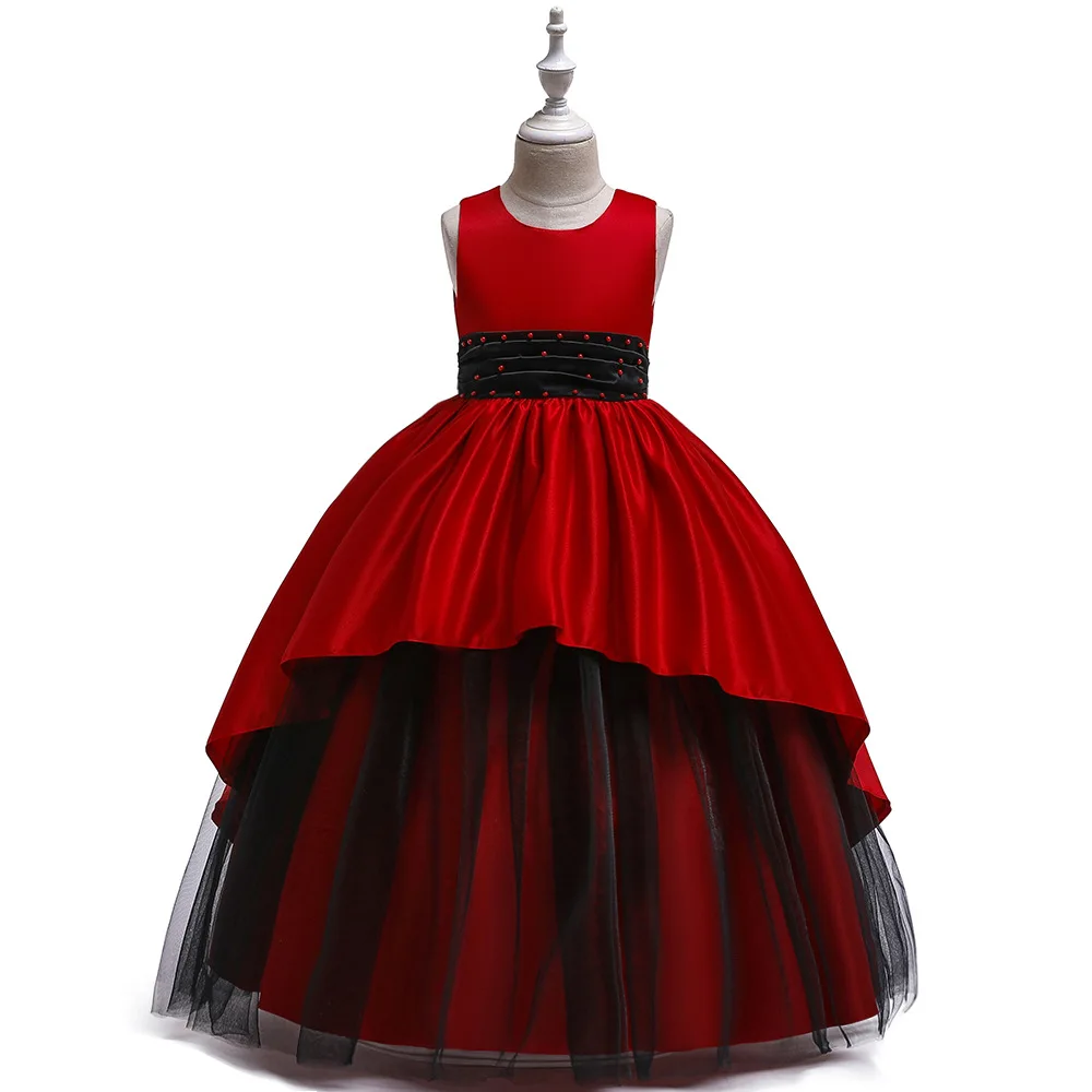 

Children's dress satin beaded puff princess long section girls catwalk dress For Christmas Halloween Birthday Costume Tutu Lace