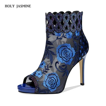 

2019 New Sexy See Through Mesh Boots Women Embroidery Flowers Bling Bling Crystal Ankle Boots Summer Shoes Summer Botas Feminina