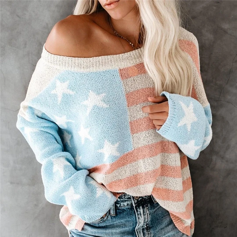 

Patchwork Sweater For Autumn Winter 2019 Fashion Loose Women's Pullover Knitted Striped O-Neck Long Sleeve Female's Sweaters