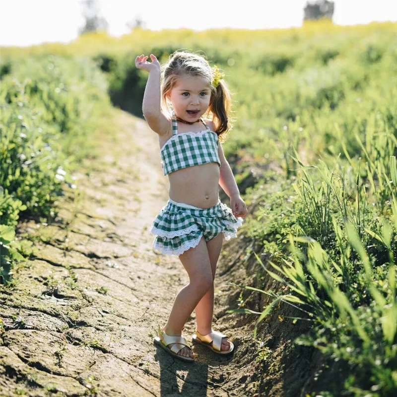 Fashion Baby Kids Girl Tube Tops Bloomer Shorts 2pcs Lace Plaid Outfits