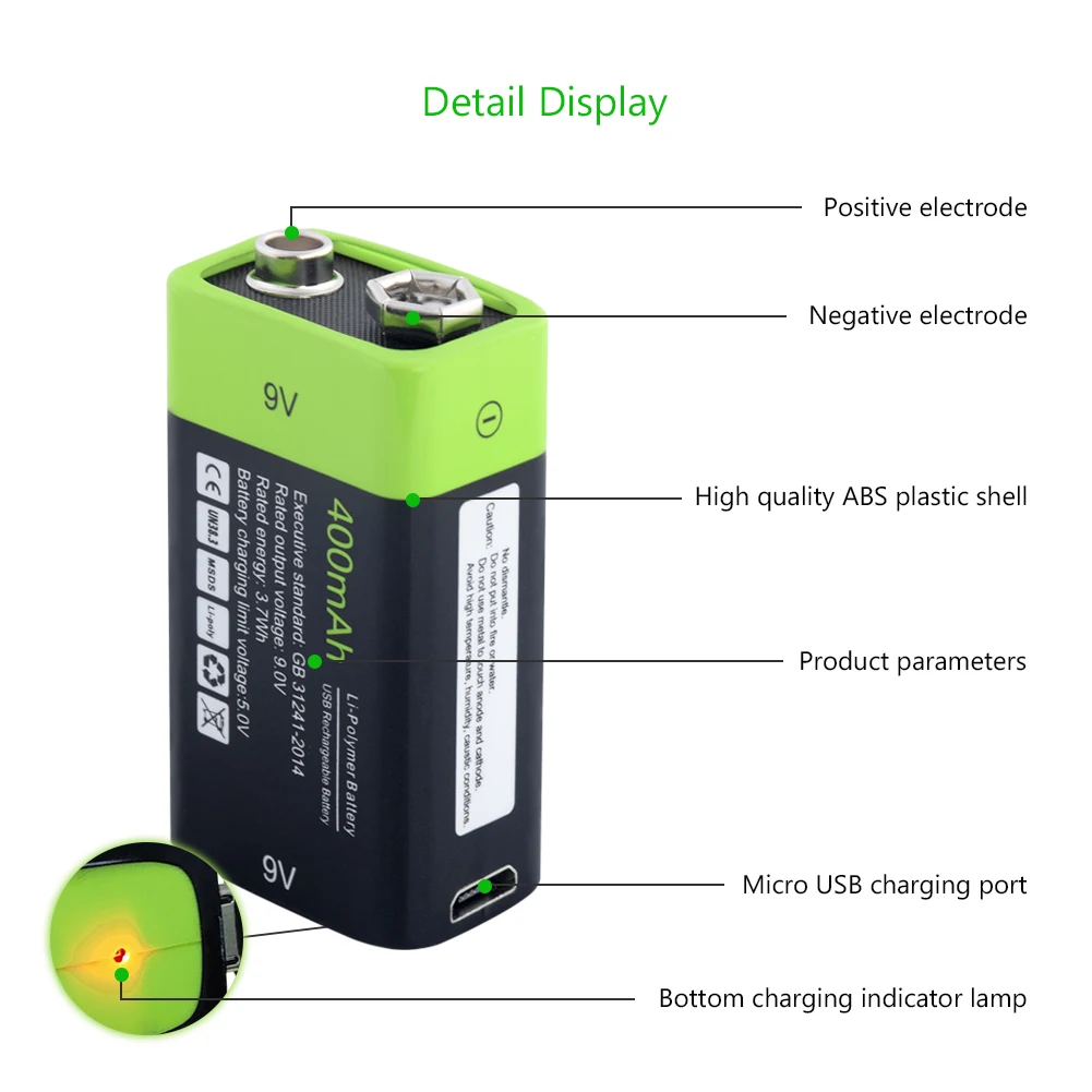 1 шт 9V USB перезаряжаемая ZNT батарея Lipo литий-ионная полимерная батарея 9V 400mah usb зарядка батареи+ Usb кабель+ зарядное устройство