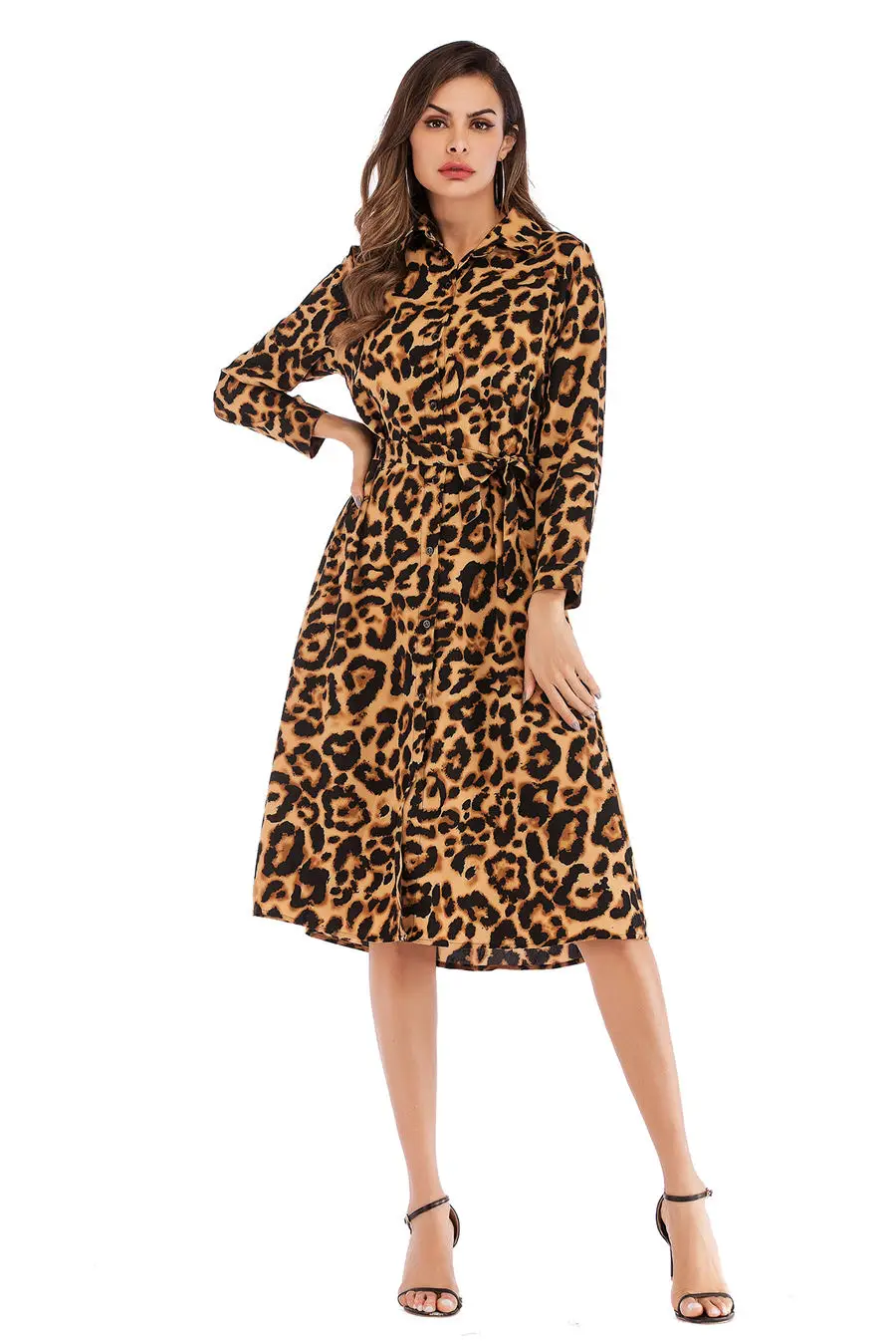 Gladiolus Chiffon Spring Dress Women 34 Sleeve Turn-Down Collar Leopard Print Belt Women Shirt Dress 2019 Autumn Sexy Dresses (19)