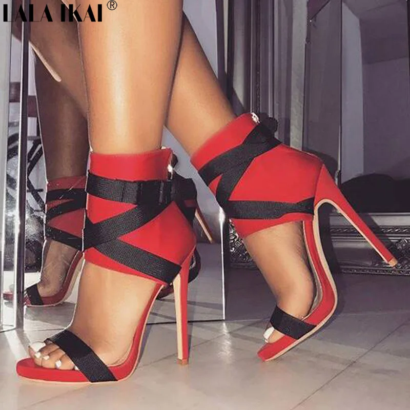

LALA IKAI Women Gladiator Sandals Summer Hollow Out Sexy High Heels Buckle Ribbon Straps Ladies Heeled Sandals Female XWC2063-5