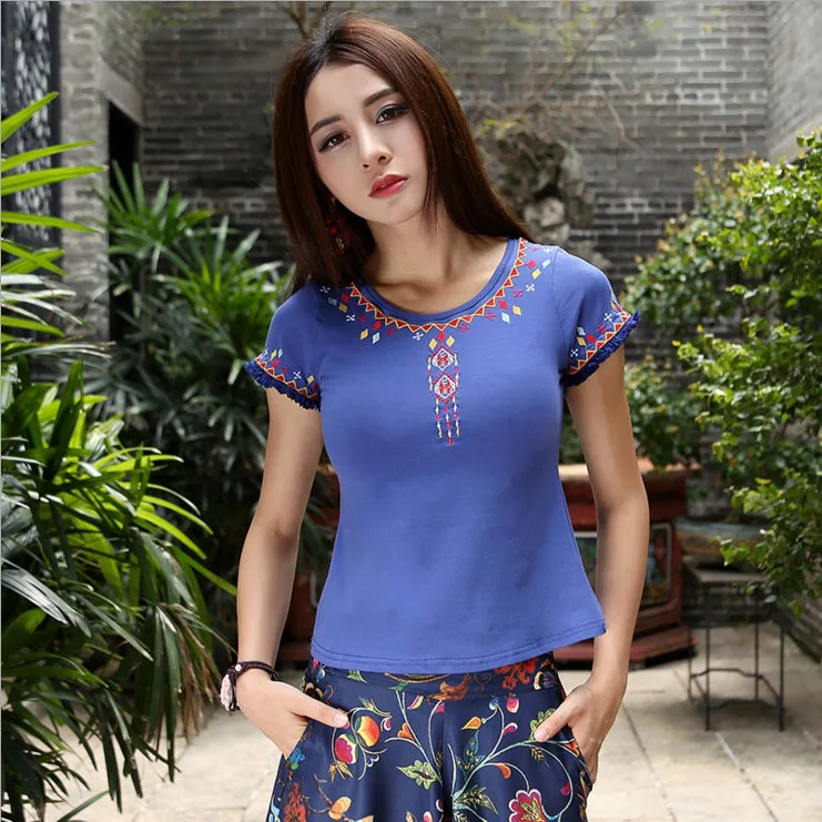 2018 summer new style short-sleeved ethnic embroidery T-shirt | Женская одежда