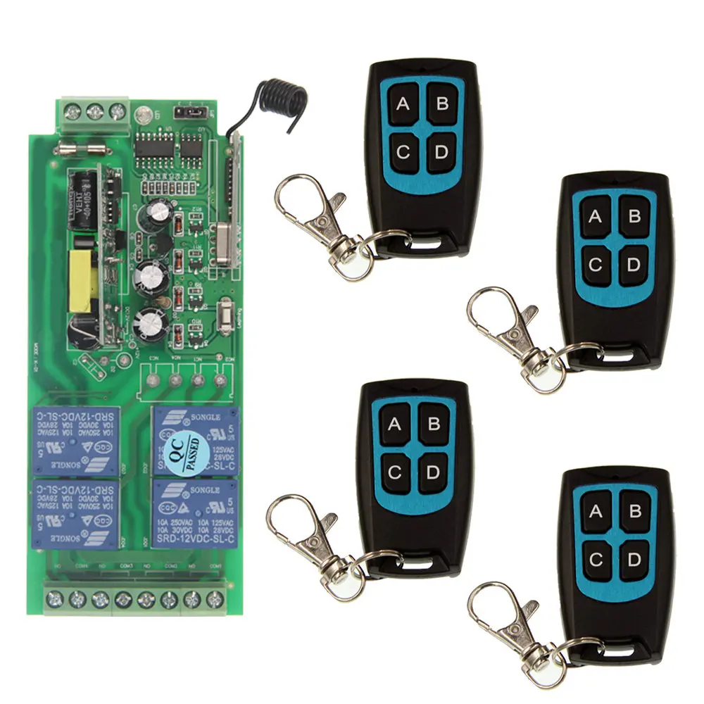 AC 85-265V 110V 220V 4CH 10A Relay RF Wireless Remote Control Switch Wireless Light Switch Receiver With Black Transmitter AC 85-265V 110V 220V 4CH 10A Relay RF Wireless Remote Control Switch Wireless Light Switch Receiver With Black Transmitter