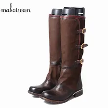 Mabaiwan Модные женские туфли Сапоги до колена из натуральной кожи гладиаторы ковбойские ботинки Для женщин Военная Униформа ручной работы Туфли без каблуков botines Mujer