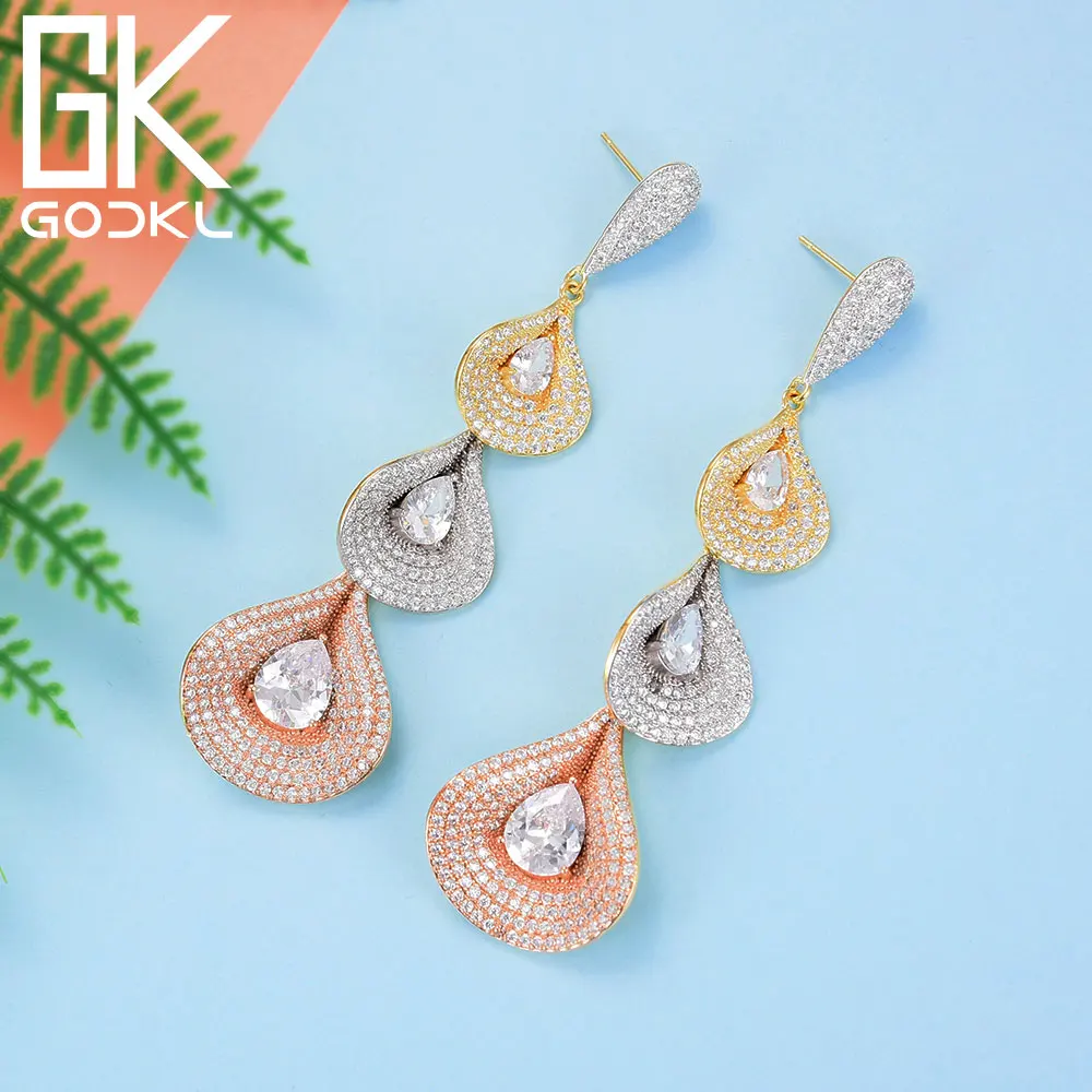 

GODKI Luxury Trendy 3Tone Tricolor Water Drop Cubic Zircon Statement Dangle Earrings For Women Wedding Bridal Drop Earrings 2018