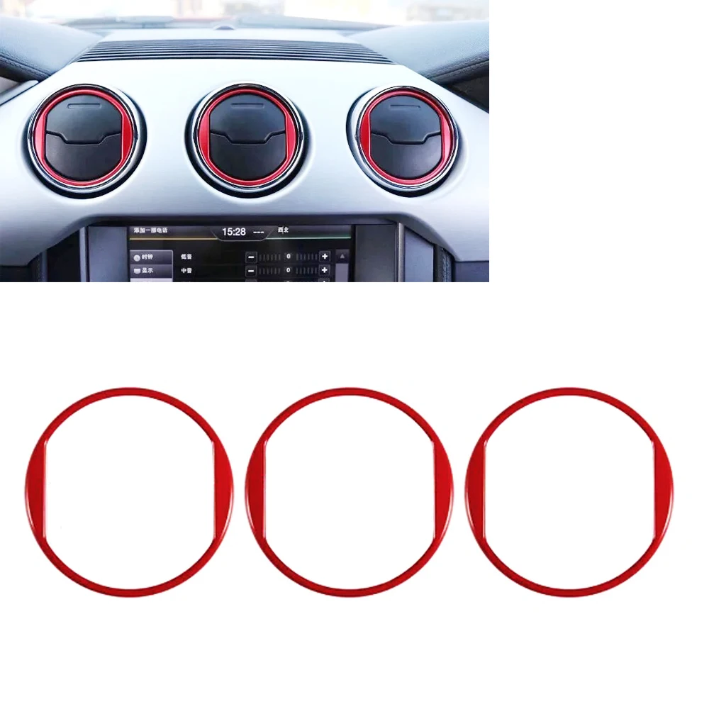 JEAZEA 3pcs Red Car Interior Dashboard Center Air Condition Vent Outlet Ring Circle Trim Sticker For Ford Mustang 2015 2016 2017-1