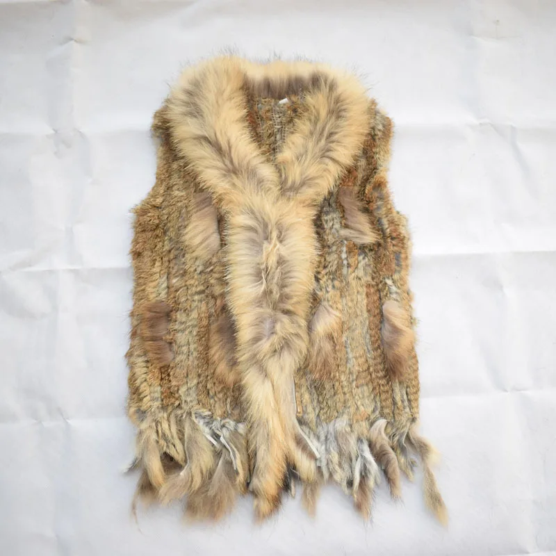 

2019 New Genuine Knitted Rabbit Fur Vest With Raccoon Fur Collar Real Rabbit Fur Gilet Winter Fur Waistcoat DWA639