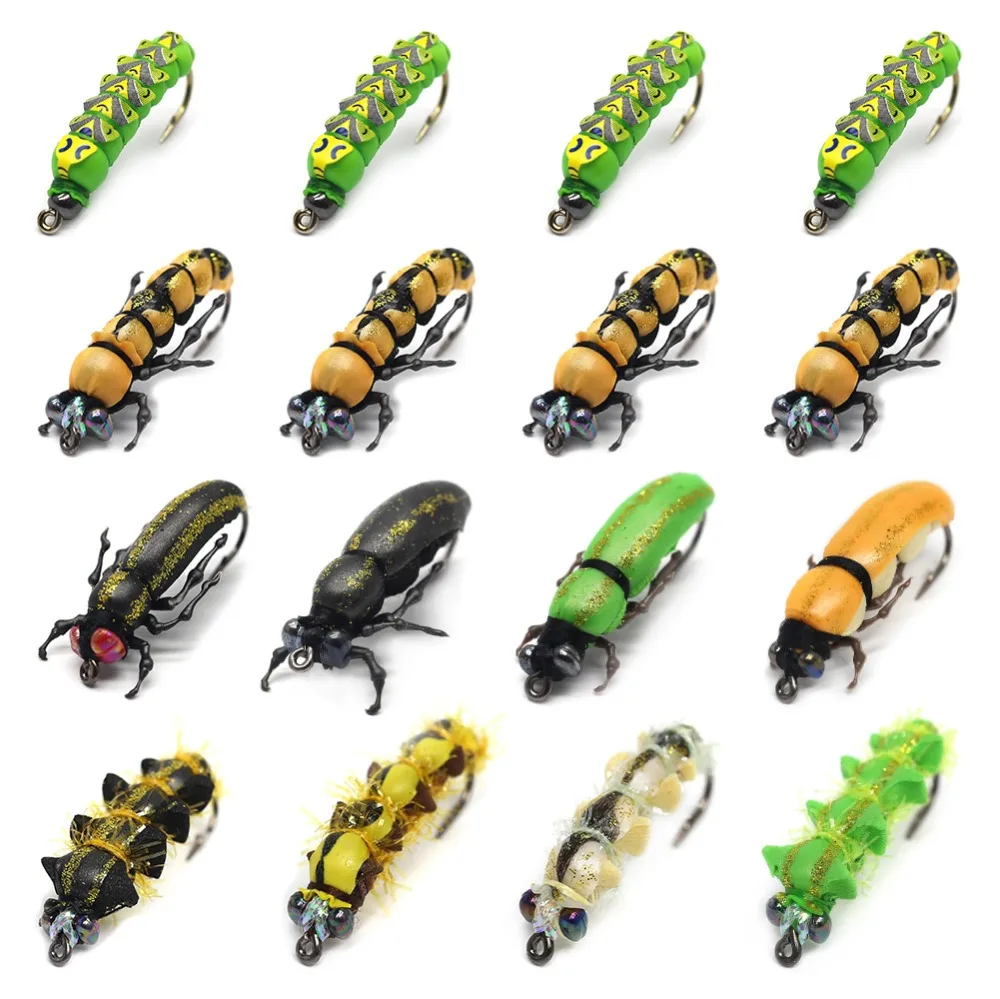

Realistic Fly Fishing Flies Set 16pcs Butterfly Larvae Beetle Dry Flies Insect Lure for PikeTrout Lure kit flyfishing