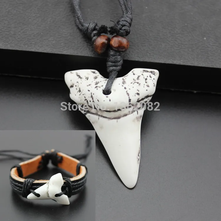 

Cool Men Women's Imitation Yak Bone Shark Tooth Leather Bracelets Necklace Jewelry Set Gift YZ04