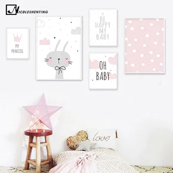 

Children Poster Baby Girl Nursery Quotes Wall Art Canvas Print Cartoon Rabbit Painting Nordic Kid Bedroom Decoration Picture