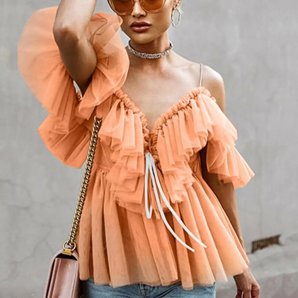 

Women V Neck Strappy Tops Ruffle Frill Sexy Ladies Off Shoulder Lace loose casual elegant solid Blouse Shirt