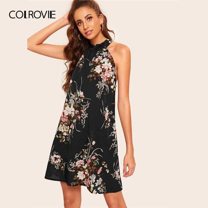 COLROVIE Black Floral Print Tie Back Halter Boho Summer Dress Women
