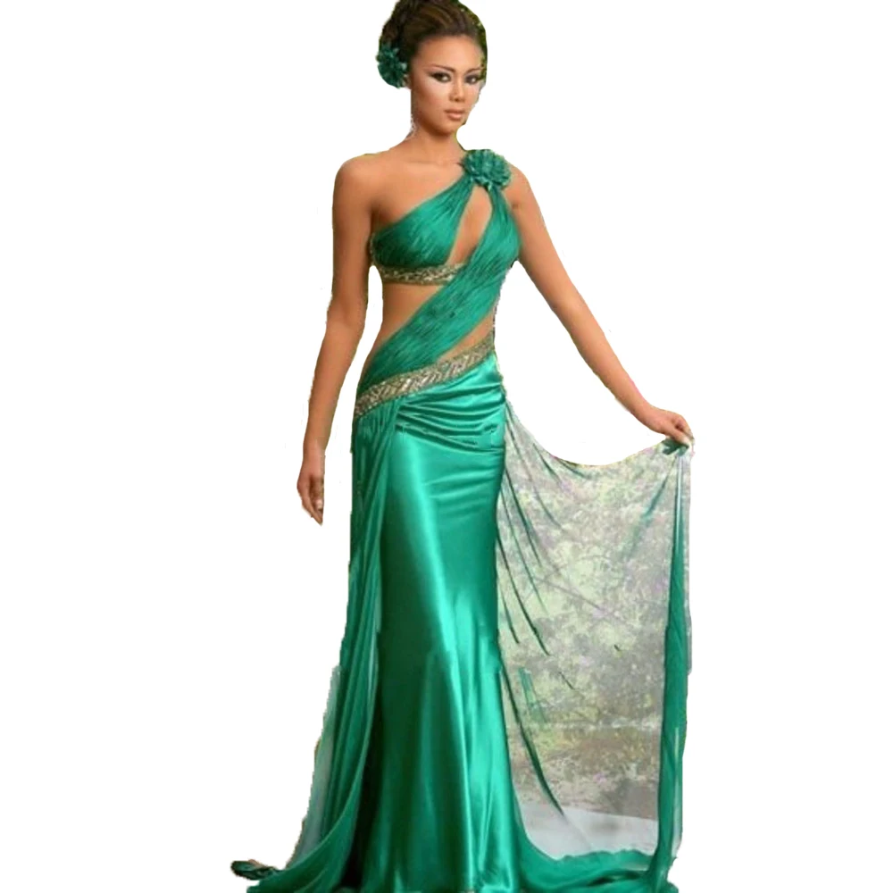 2017 Sexy Emerald Green Evening Dresses Plus Size One Shoulder Chiffon