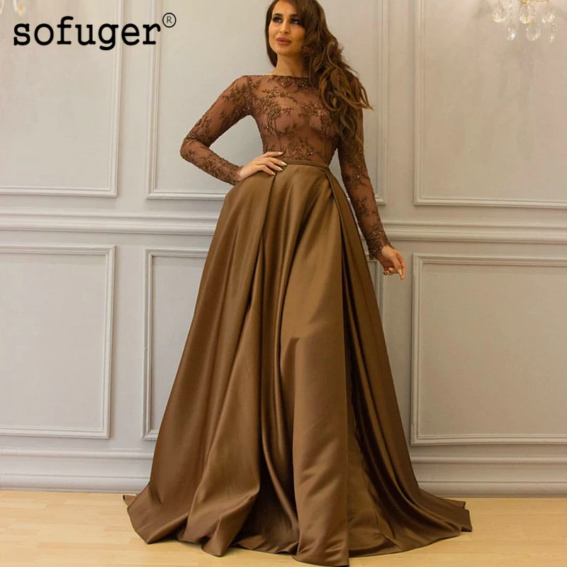 Coffee Color Muslim Long Sleeves Satin Appliques Evening Dress Prom Vestidos De Fiesta Formal