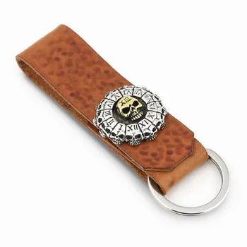 

Italian Full Grain Vegetable Tanned Leather Rome Clock Skull KeyChain 9T001