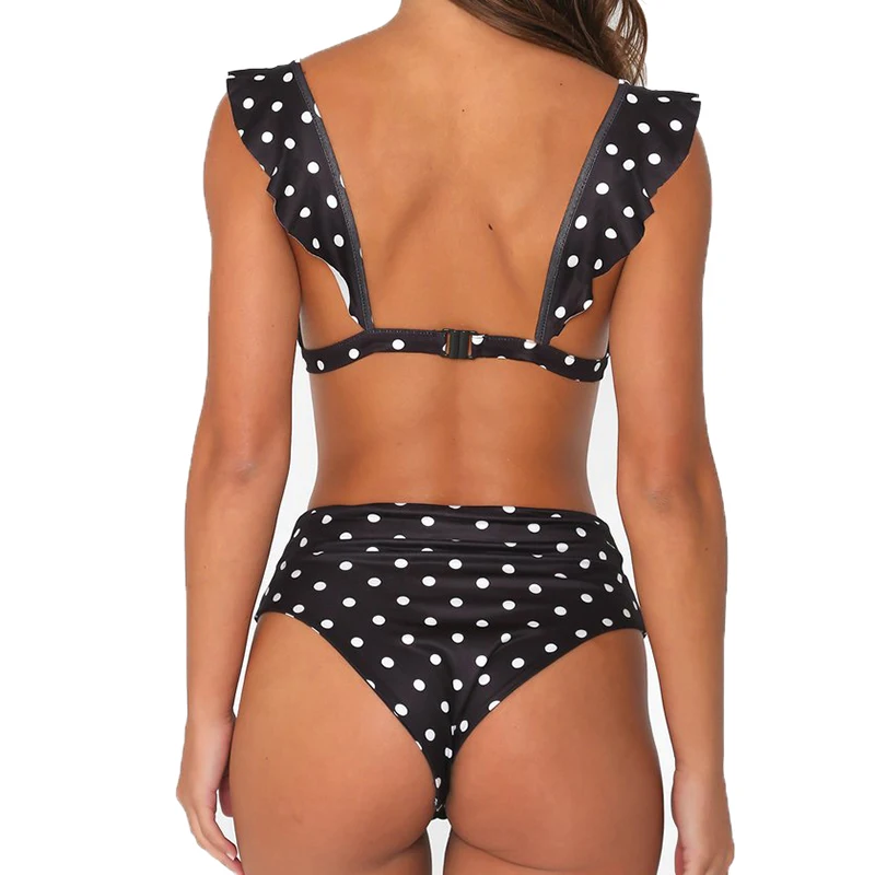 Kaufen 2020 Sexy Retro Schöne V Neck Weiß Schwarz Polka Dot Rüschen Biquini Badeanzug Cut Hohe Taille Badeanzug Bademode Frauen bikini