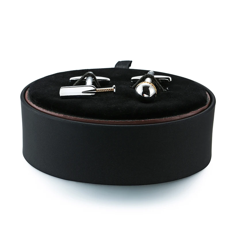 

A set of new fashion men's French Cufflinks black leather box hockey sports Silver Cufflinks box set