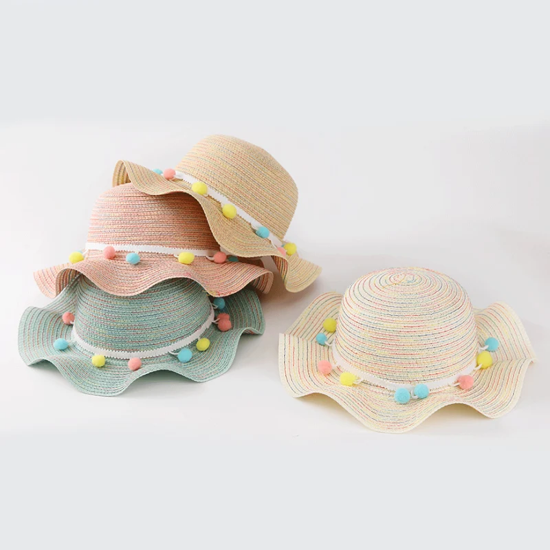 

Children Sun Hats Kids Outdoors visor Hat Summer Style Beach Wide Large Sun Cap Cute Colorful Hairball Straw Hat