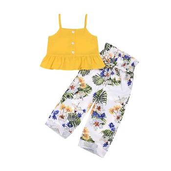 

2019 New Summer Kids Baby Girl Tank Tops Floral Wide Leg Pant Trouser 2PCS Girls Clothing Set 2-7Y