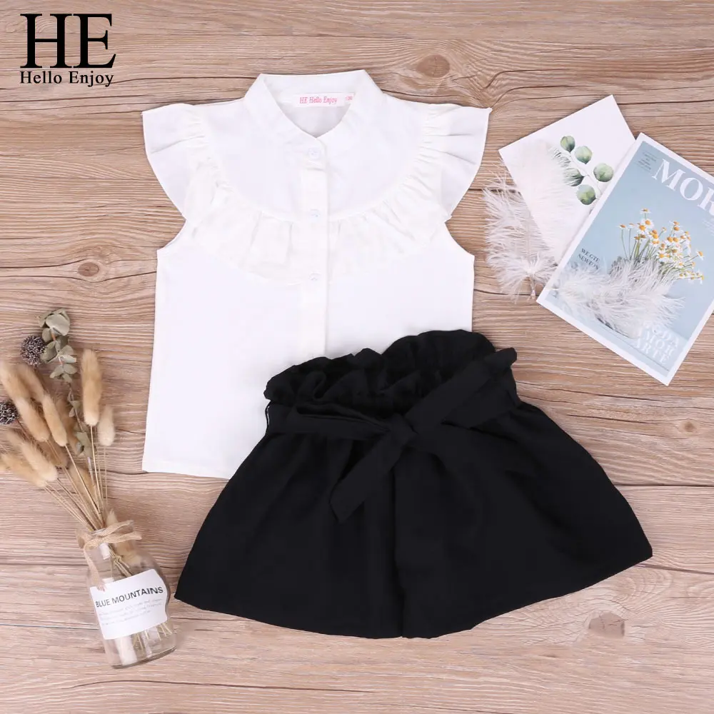 photo color HE Hello Enjoy/летние комплекты одежды для девочек Однотонные шифоновые топы без рукавов+ шорты с бантиком, детская одежда для девочек Новая детская одежда - Цвет: photo color