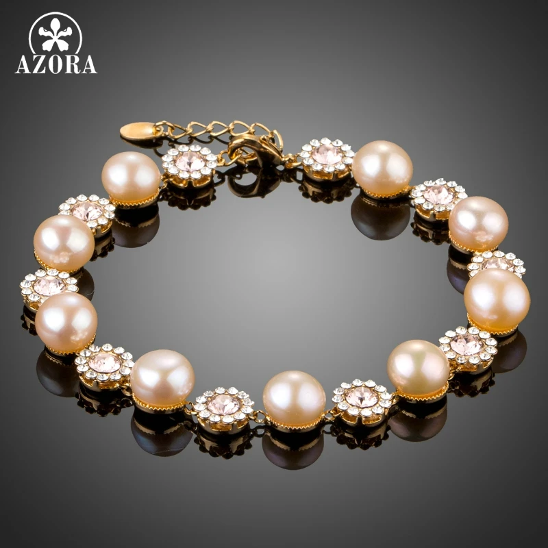 

AZORA Gold Color Pink Imitation Pearls and Tiny Stellux Austria Crystal Flowers Alternate Tennis Chain Bracelets TS0154