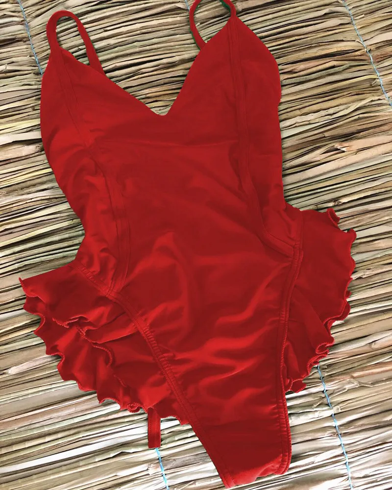 

2019 Summer Swimwear Women One-Piece Swimsuit Solid Halter Padded Ruffled Swimsuit Gilr Bathing Suit Backless Beach Monokini