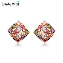 LUOTEEMI многоцветные серьги-гвоздики в форме ромба с кубическим цирконием розового и золотого цвета для женщин, Роскошные вечерние аксессуары для вечернего платья