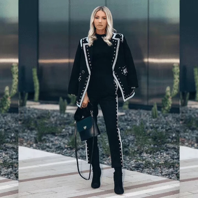 

Women Sexy Black Long Sleeve Custom Suit Fashion 2019 Beads Two 2 Piece Patchwork Luxury Jumpsuit Zipper Celebrity Evening Party