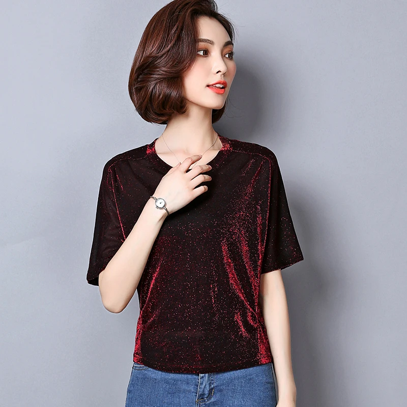 Женская сексуальная блестящая шелковая футболка с коротким рукавом Корейская летняя Kawaii Лазерная футболка с радугой рубашки черный Vogue женские Топы Одежда - Цвет: Красный