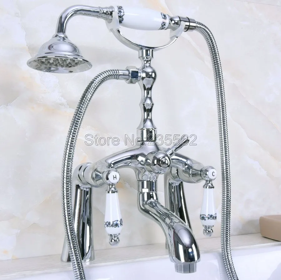 

Chrome Double Ceramic Handles Deck Mounted Bathroom Clawfoot Bathtub Tub Faucet Mixer Tap w/Hand Shower lna101