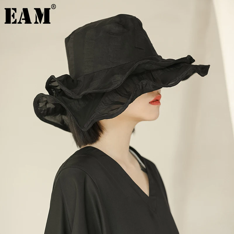 

[EAM] 2019 New Spring Summer Round Dome Temperament Organza Ruffles Three-dimensional Fishermen Hat Women Fashion JU567