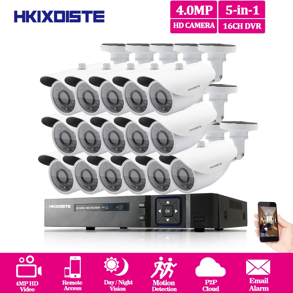 

16CH Surveillance System 16 4.0MP White Outdoor Security Camera 16CH CCTV DVR Kit Video Surveillance iPhone Android Remote View