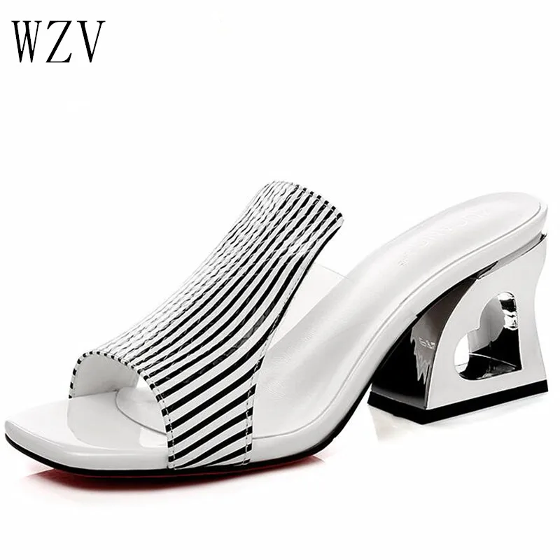 

Women Sandals 2019 Fashion Stripe Square Heels Slippers Summer Women Sexy Hollow Sandals for Women Shoes E755