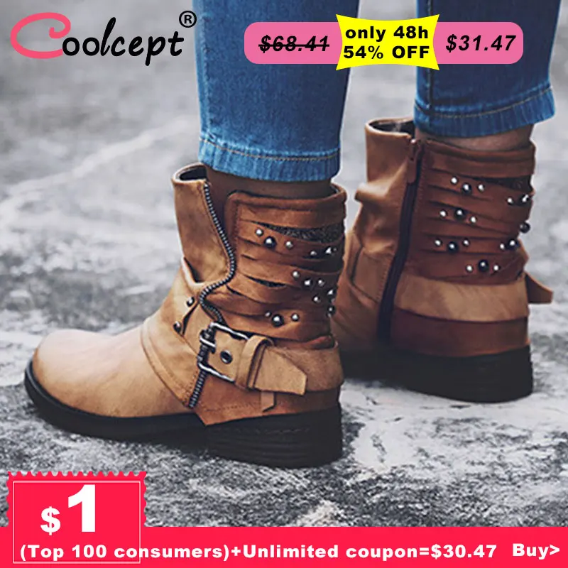 

Coolcept Rivet Leather Ladies Ankle Boots Winter Velvet Round Toe Short Plush Zip Buckle Western Boots Motorcycle Size 36-41