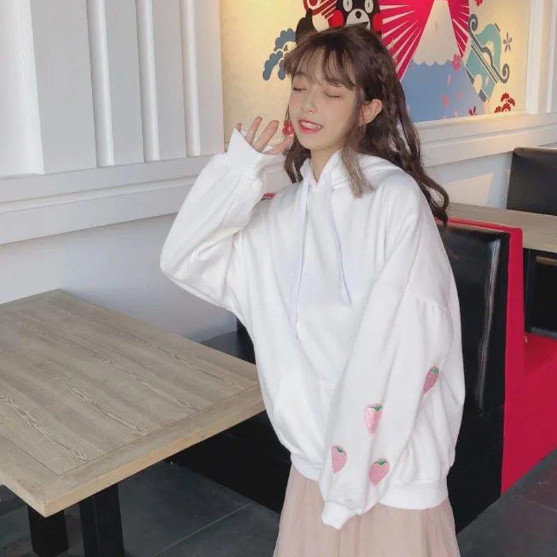 2 цвета Mihoshop Ulzzang Корея женская модная одежда милые Клубничные печати с капюшоном