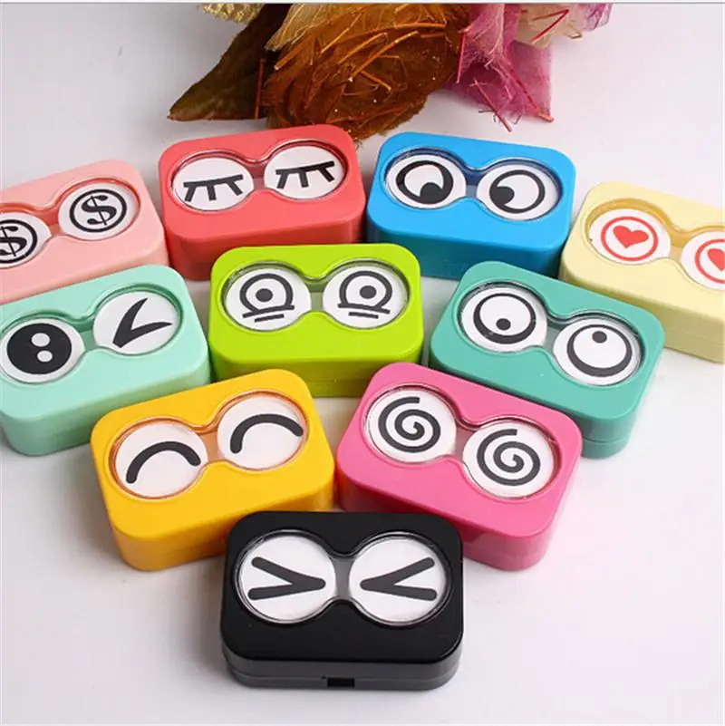 

New Cute Cartoon Contact Len Case Box Holder Accessories Solution Bottle Tweezer Stick Connection Mirror Colorful Mini Storage