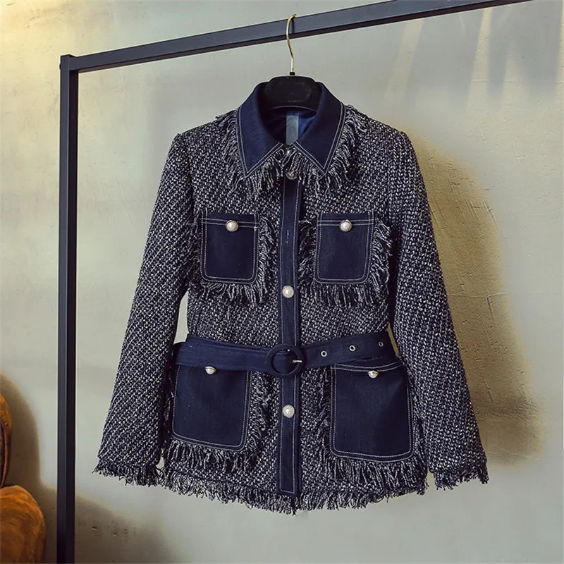 

Luxury Designer Brand Jacket for Women Fashion Denim Stitching Sapphire Blue Multi Pocket Tassel Tweed Coat