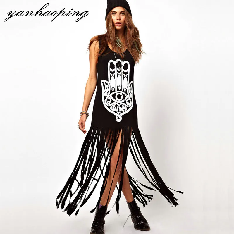 

Fashion Women's Long Tassels T Shirts Summer Europe Americe New Personality Print Sleeveless Long Vest Black SWA351