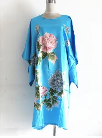 New Arrival Lake Blue Chinese Women Silk Rayon Robe Dress Sexy Summer Printed Floral Nightwear Kimono Bath Gown Flowers One Size
