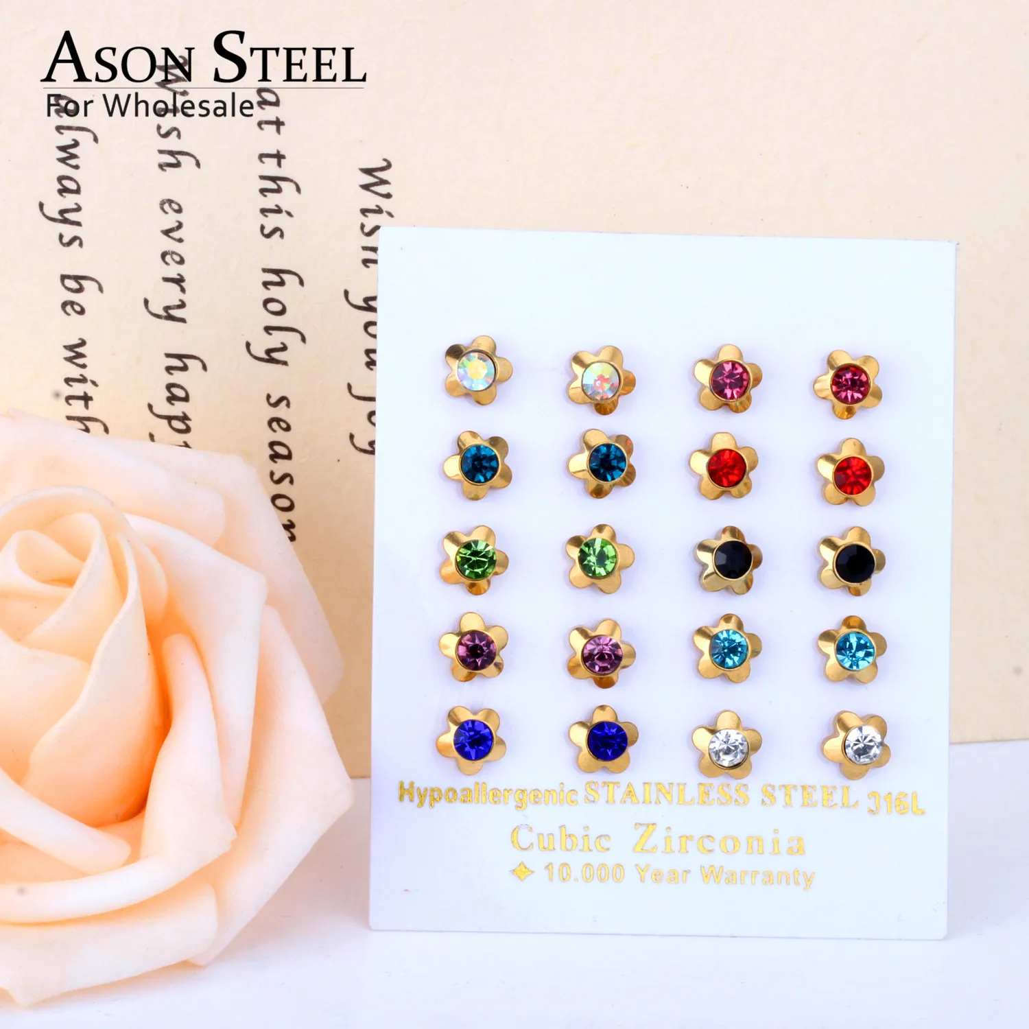 

ASONSTEEL 10pairs/lot Cubic Zirconia Flowers Small Stud Earrings Set Stainless Steel Colorful Earrings for Women/Girl Wedding