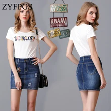 ZYFPGS 2019 Denim Skirt Pants For Women Summer Blue Wash Mini Pencil Skirt Sexy Ripped 5 Pocket Original Brand Design Z0505 stylish buttoned bleach wash denim skirt for women