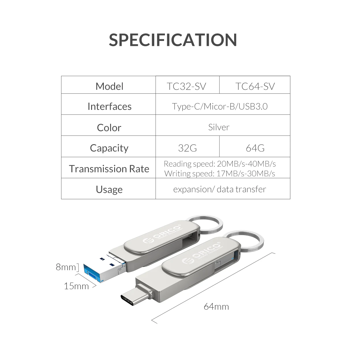 ORICO 64G 32G U-disk USB Flash Disk with OTG Function Type C Micro B USB3.0 Interface Flash Disk For Computer Mobile Phone