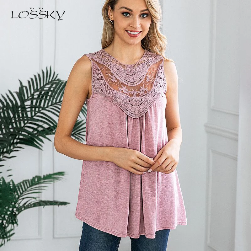 

LOSSKY T Shirts Women Knitted Lace Transparent Mesh Button O Neck Sleeveless T-shirt Female Casual Summer Pink Pullover Slim Top