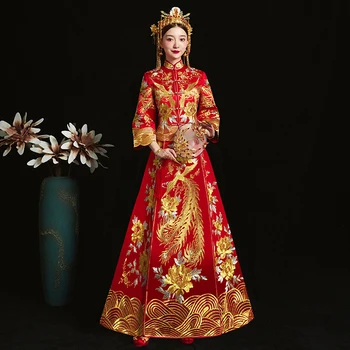 

Retro Embroidery Phoenix Women Cheongsam Chinese Traditional Bride Qipao Red Royal Wedding Party Formal Dress Gown 3XL 4XL